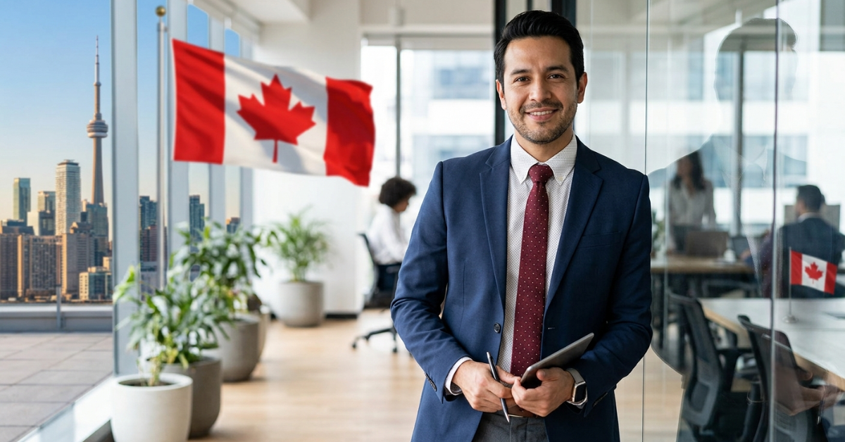 Consultor de inmigración con el horizonte de Toronto y la bandera canadiense