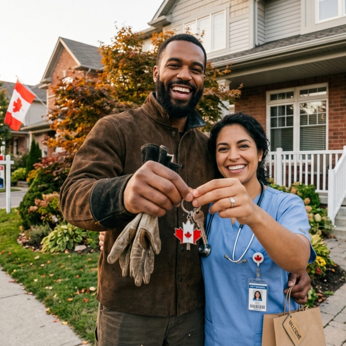 Pareja celebrando su nueva vida en Canadá