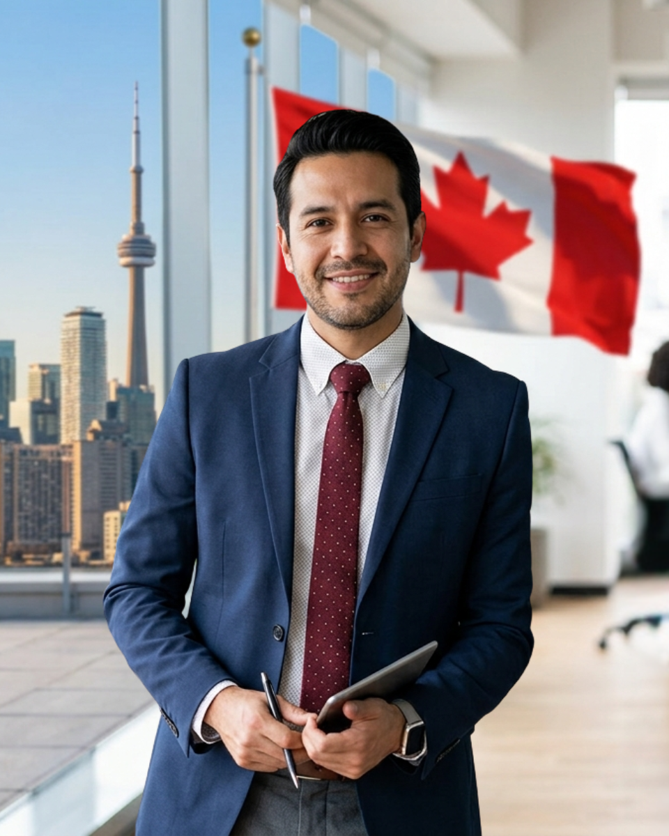 Consultor de inmigración con el horizonte de Toronto y la bandera canadiense